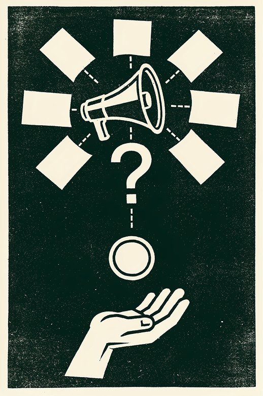 Woodcut print: a megaphone shouting into the dark, with a question mark over an open hand